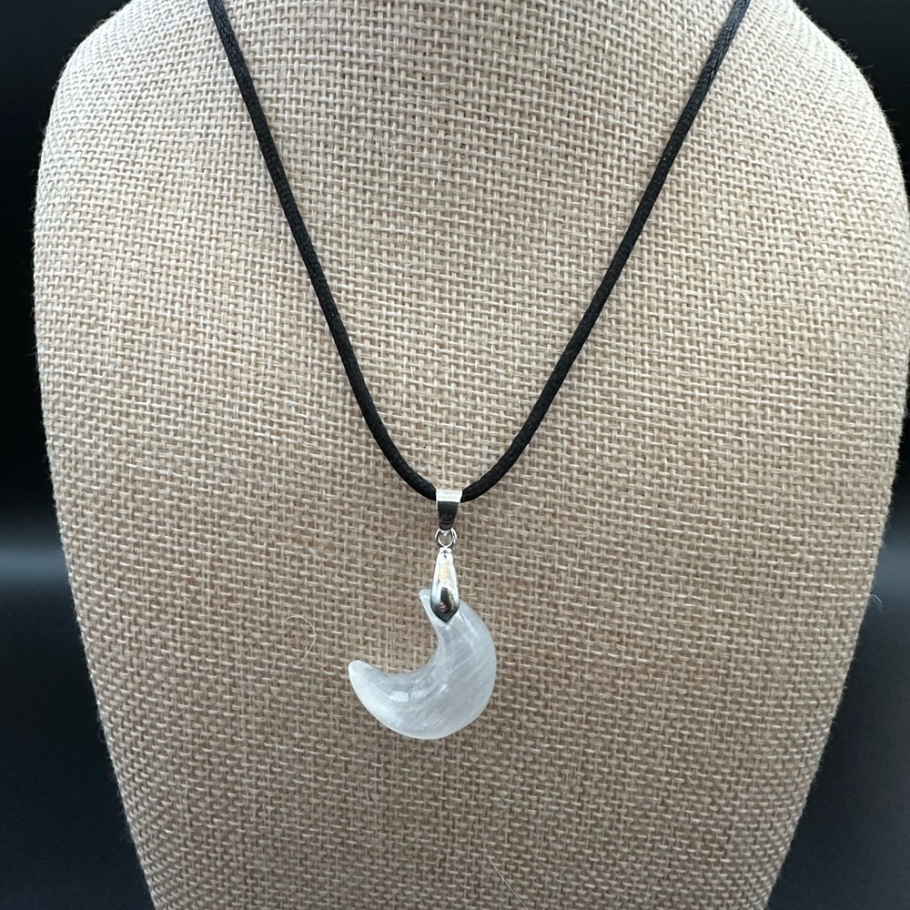 Small Selenite Crescent Moon Pendant on Black Satin Rope - Picture 6 of 7